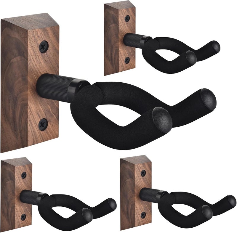 DOMMI Guitar Wall Mount 4 Pack, Guitar Holder with Rotatable Soft Guitar Hook for All Size Guitars, Hardwood U-Shaped Guitar Hanger Wall Mount for Acoustic, Electric Guitar, Bass, Black Walnut - Image 1
